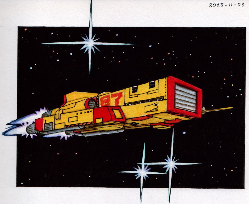 A boxy yellow spaceship with red trim and blue/purple drive plumes against a black starfield.

Most of the color in the picture was done with watercolor markers, strategically smudged with a water pen for the stars and drive plume. The ink was done with some india ink artist pens. Some final shading was done with colored pencils. Scanning the drawing in really brought out the strokes from the pen used to fill out the background so the color range was compressed down slightly in Krita.