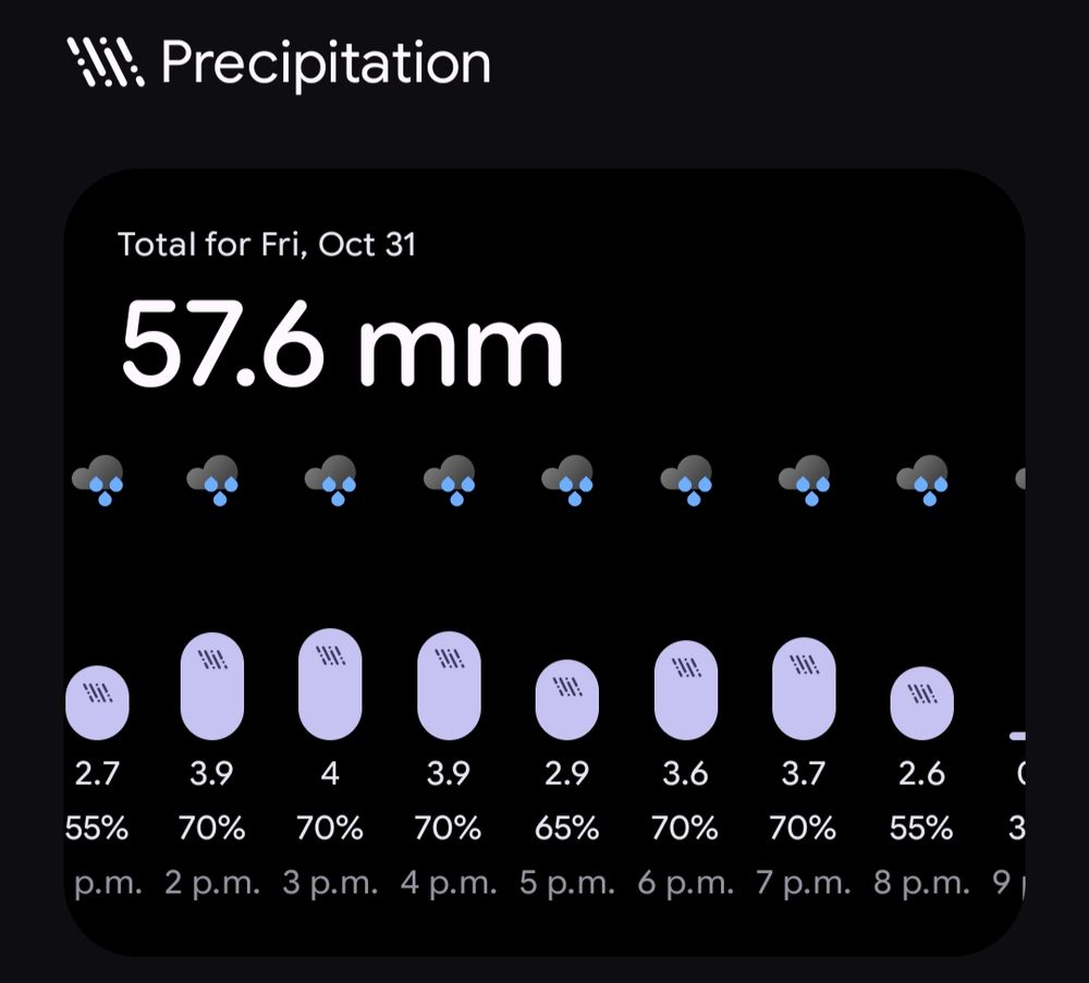 Chart of precipitation forecasted for Vancouver for October 31 - 57.6 mm in total.