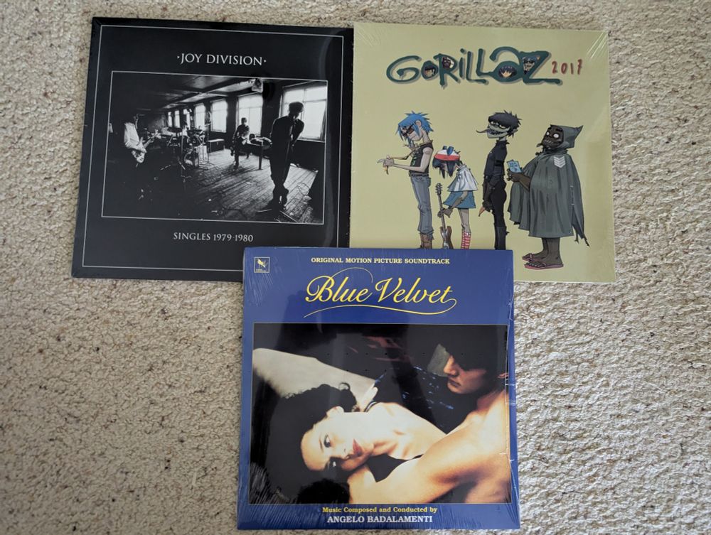 3 albums - Joy Division singles 1979-1980, Gorillaz 2017, and the Blue Velvet motion picture soundtrack