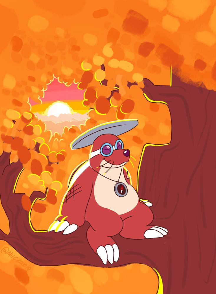 Artwork of a Rocky Wrench from the Super Mario franchise with a compass hanging around his neck sitting high up on a branch in a large golden orange tree, legally distinct from Maple Treeway because I didn't want to detail all the leaf points. The image is covered in leaves, except for a small gap through which the sun can be seen setting in a pink sky. Many leaves, as well as some branches and Wrecky, are backlit with bright yellow from the sunset. Why he's not actually watching the sunset itself is anyone's guess.