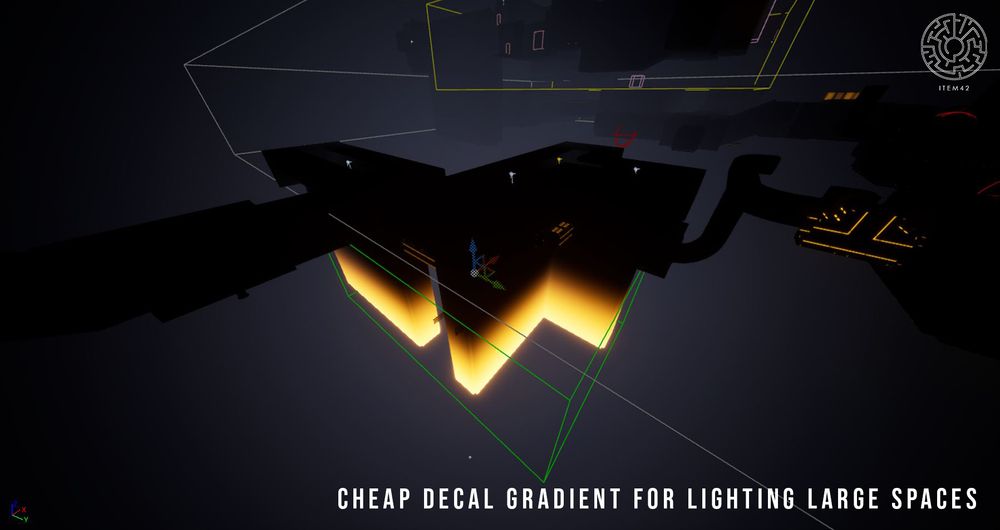 Cheap decal gradient for lighting large spaces. Use Decal Actors as a volume to light up whole static or dynamic actors that are enabled to receive decals.