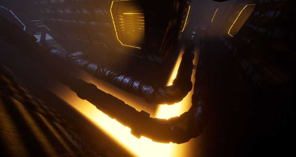 This decal gradient effect could be tweaked for ages because it's highly versatile, and if you extend the material's usage, you could even convert the Component Mask into a Parameter to work on all 3 axes.

A claustrophobic L-shaped pipe corridor lit underneath in an orange glow with two vents on the walls emanating yellow fog light.