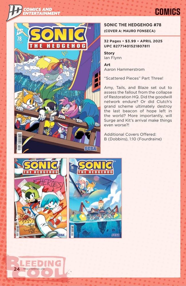 Covers for Sonic the Hedgehog #78.

Cover A.) Mauro Fonseca
Cover B.) Kris Dobbins
Cover C.) Nathalie Fourdraine