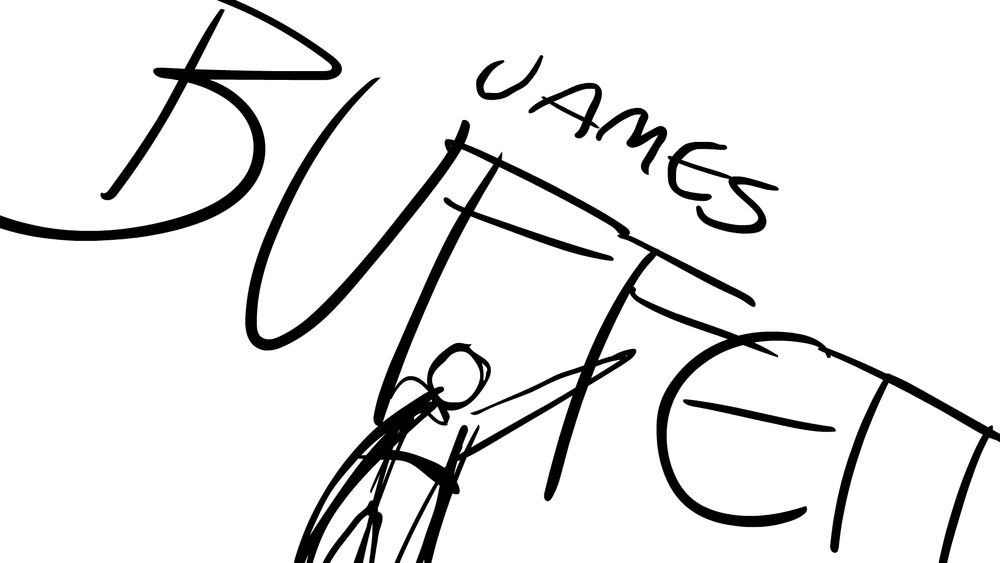 Griffin posing dramatically with the words "JAMES BUFFETT" behind him
