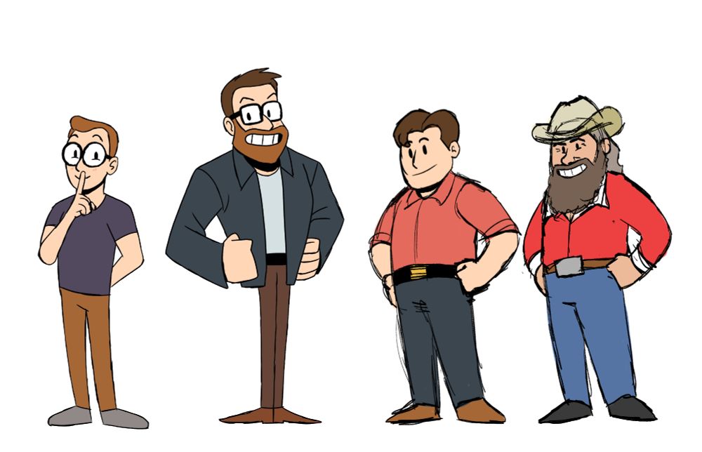 Lineup of the McElroy's designs in my animations with Tipsy Pete, who is Justin clearly dressed as a man from the south