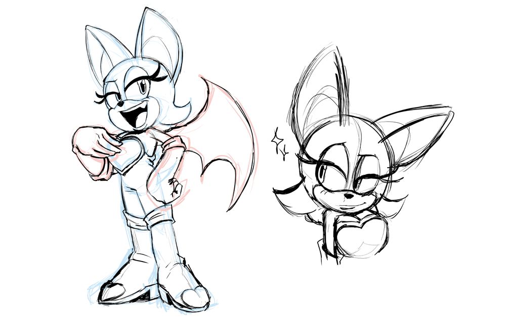 Sketches of Rouge the Bat. One full-body sketch of her in a prideful pose with her hand on her chest, and one bust sketch (hehe) of her looking flirtatious