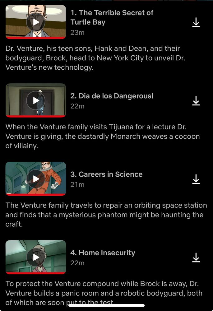A screen grab of the Netflix menu for selecting Venture Bros Season 1. The episodes are in a different order than the DVD list.