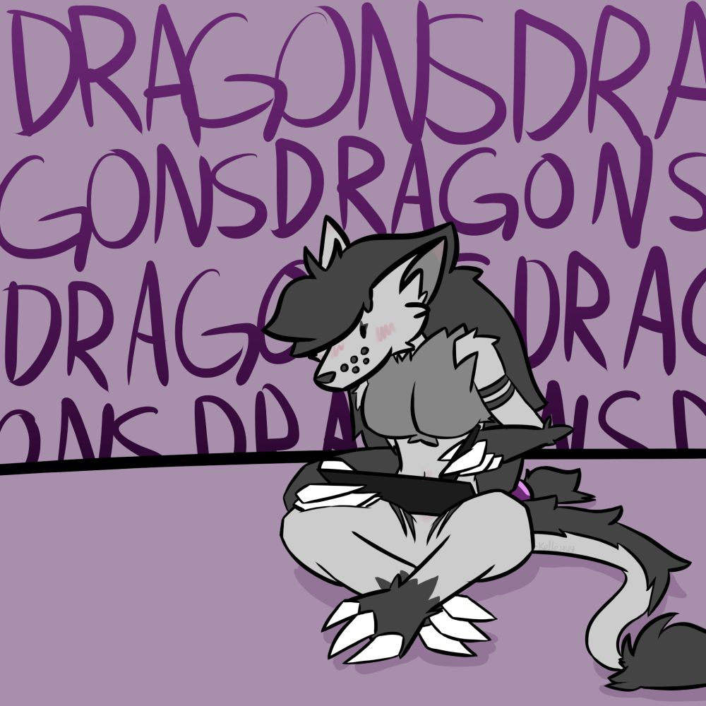 kelley sitting cross legged while she draws something on her drawing tablet with a blush on her face and ears. kelley is a light gray zoroark with a dark gray mane and a purple bead holding her mane together. the background is light purple with the word "DRAGONS" scribbled all over the wall