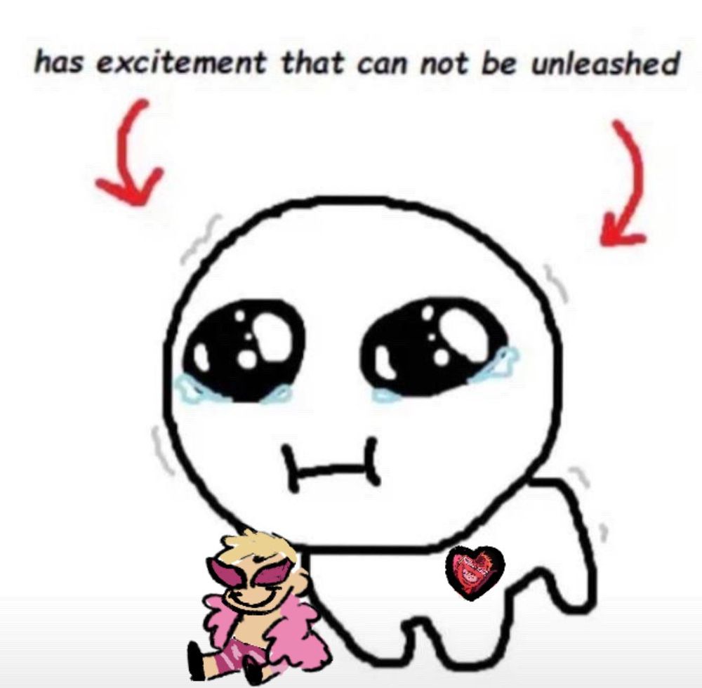 digital illustration of a trembling 4-legged creature with a large head and the biggest, wettest eyes known to man. it is labeled "has excitement that can not be unleashed". it is edited to have a plushie of donquixote doflamingo from one piece next to it and a pin of the same character on its chest 
