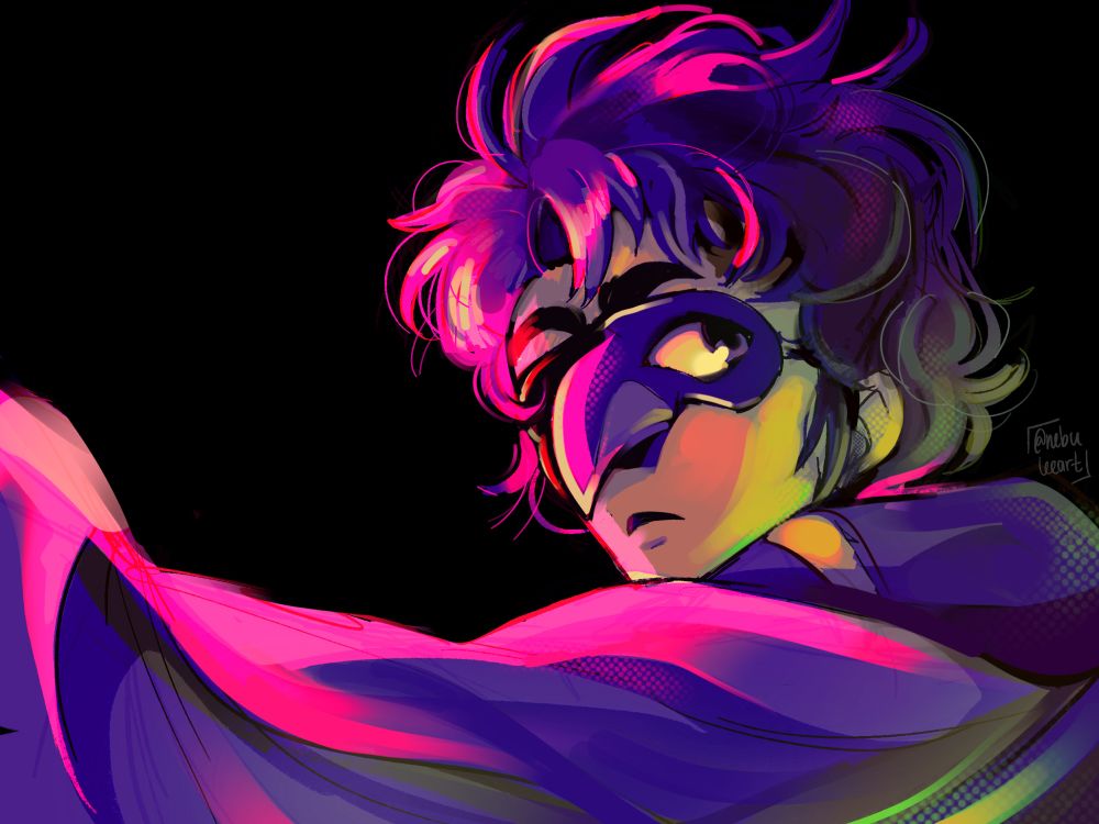 digital painting of krow from yiik, bathed in harsh pink and green lights
