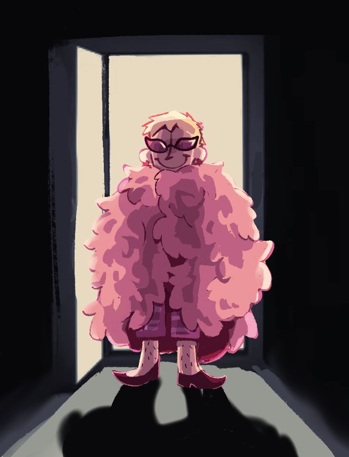 a digital illustration of donquixote doflamingo from one piece. He is standing menacingly in an illunimated doorway with his large pink feather coat covering most of his body in a fluffy casing