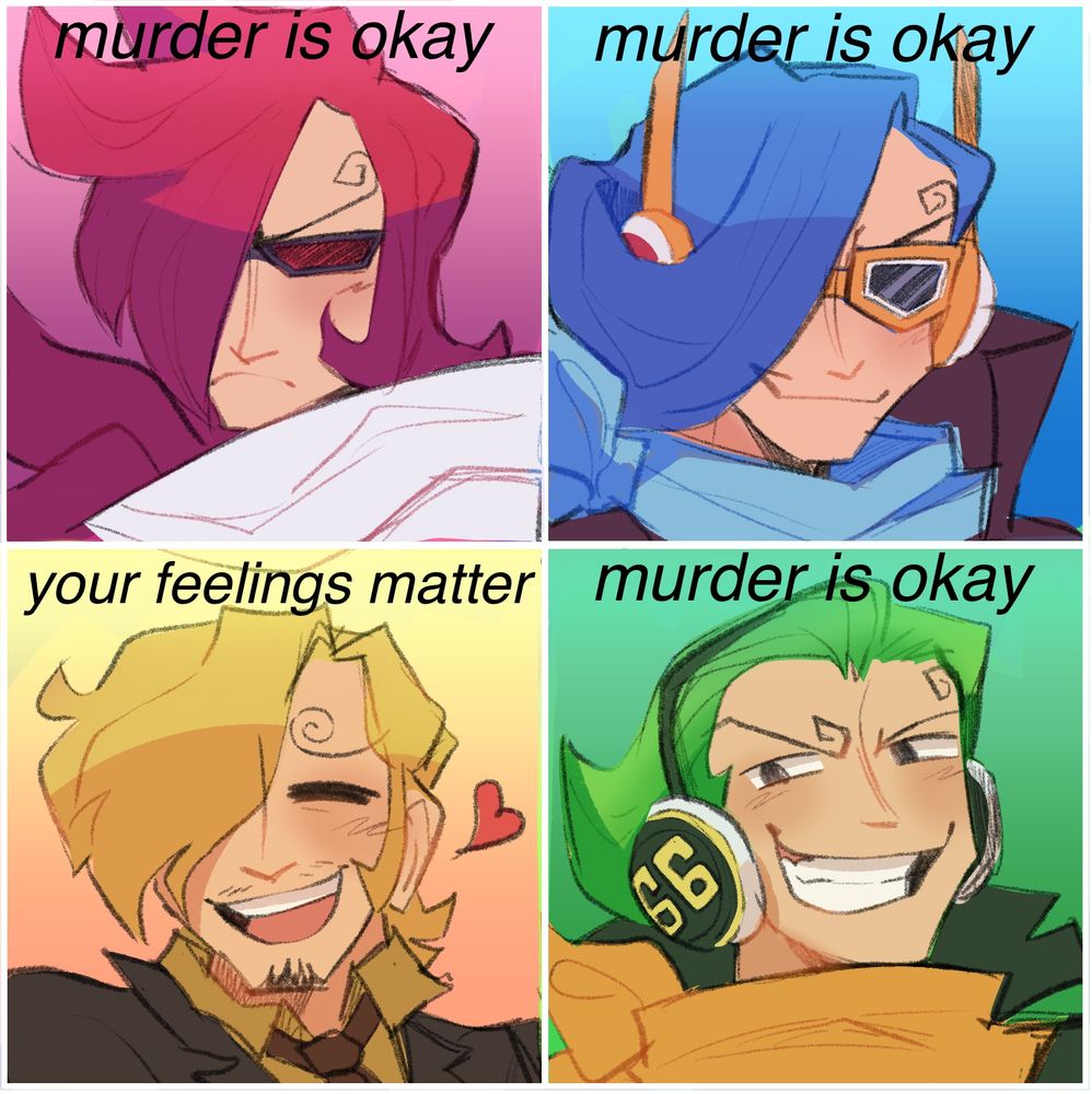 digital illustration of vinsmoke ichiji, niji, sanji, and yonji. they are in individual boxes, reading: “Murder is okay” (ichiji), “murder is okay” (niji), “your feelings matter” (sanji), and “murder is okay” (yonji). sanji is smiling sweetly while the others’ expressions are varying levels of malicious