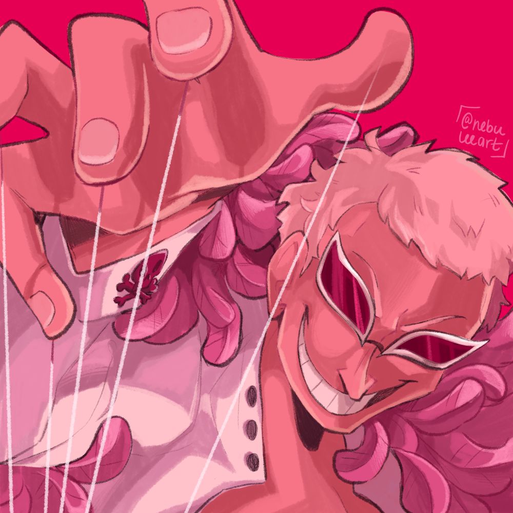 digital illustration of donquixote doflamingo from one piece, rendered in pink. he is grinning like a freak with his hand close to the camera, strings attached to his fingers