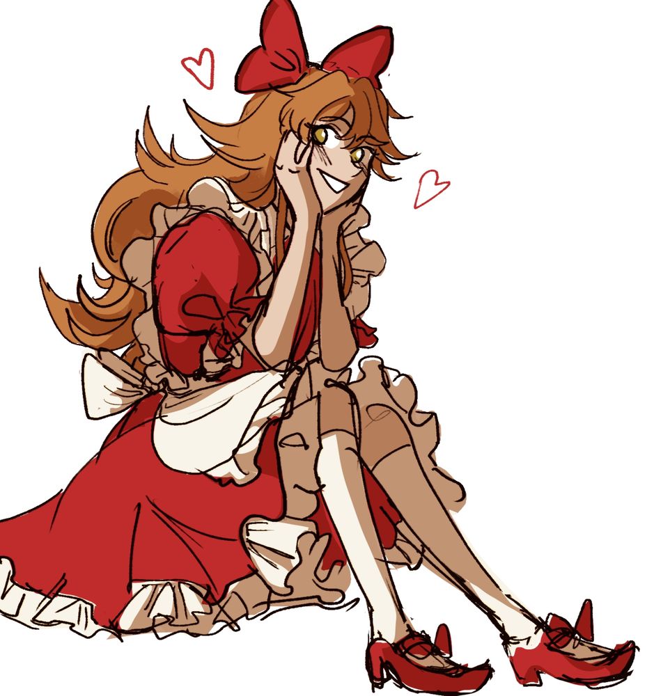 Sketchy fanart of Elise, protagonist of the game Little Goody Two Shoes, sitting and smiling, with her elbows propped up on her legs and face propped up on her hamds. 