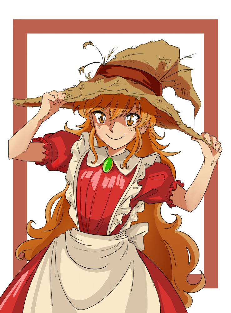 Fanart of Elise Liedl from Little Goody Two Shoes putting on Rozenmarine’s straw hat and adjusting it while she smiles