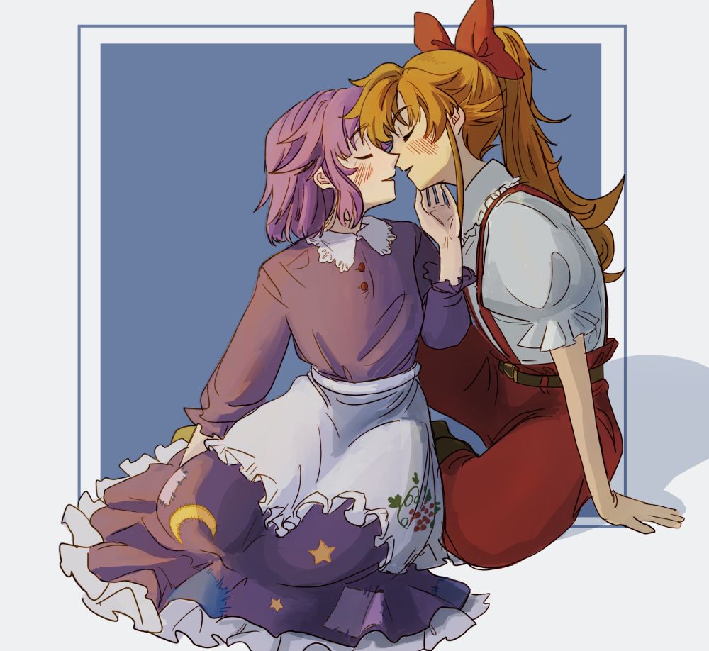 fanart of elise and rozenmarine from the game little goody two shoes. They are wearing their star crossed ending outfit, sitting close together about to kiss.