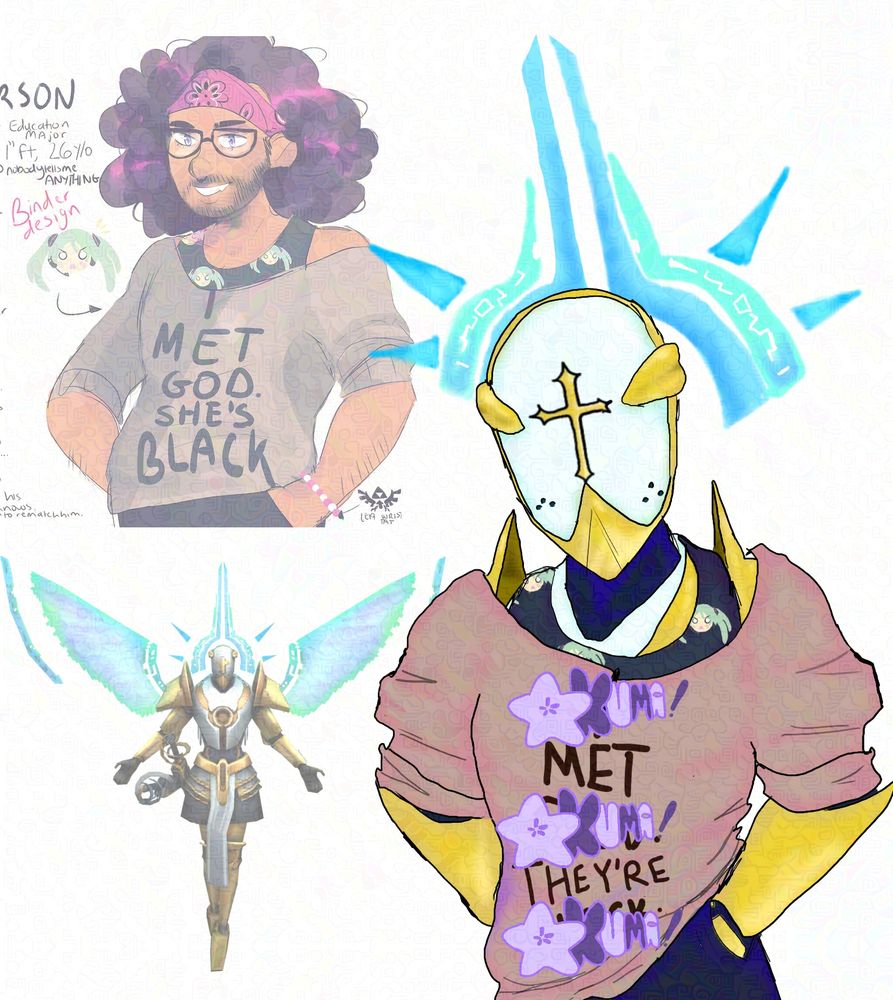 Gabriel from hit game ULTRAKILL by Hakita, dressed in the Thomas Jefferson Miku binder outfit. This outfit features a binder with Hatsune Miku printed on it, sweatpants, and a sweater saying "Akuma met Akuma. They're Akuma," on it.