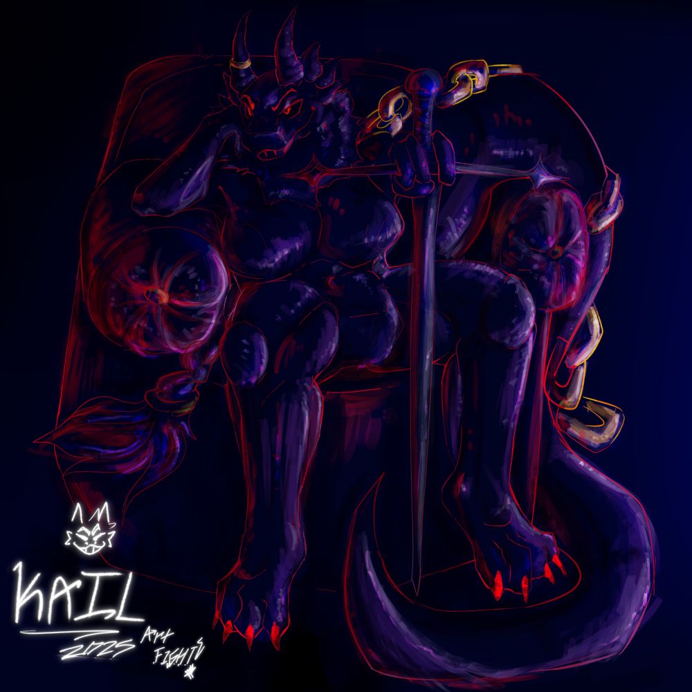 Digital artwork artfight attack furry sitting in chair smiling with sword for crysseil