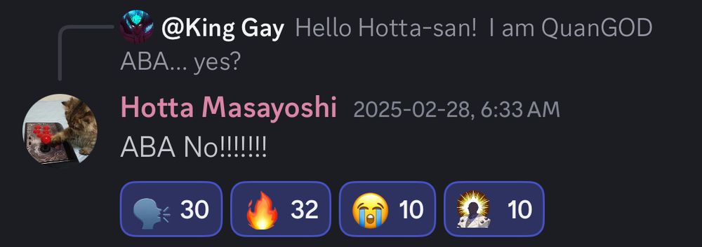 Discord message screenshot with ABA No!!!!! And many emote reactions.~