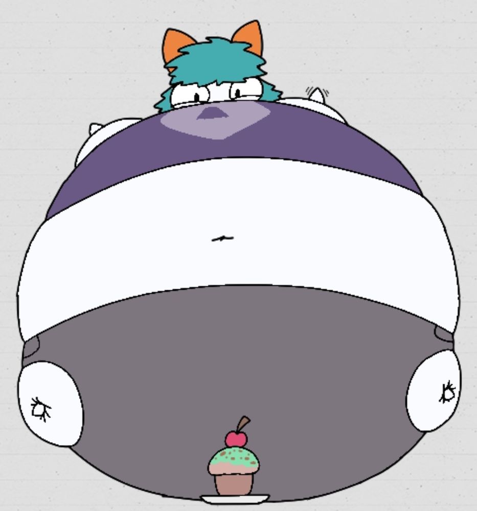 Riley (Kirlia, Pokemon), all round and stuffed as he looms over a cupcake. And the funny thing is that he is barely even getting started with this "Glutton's roll"

He really has a full mouth of sweet teeth, eh?