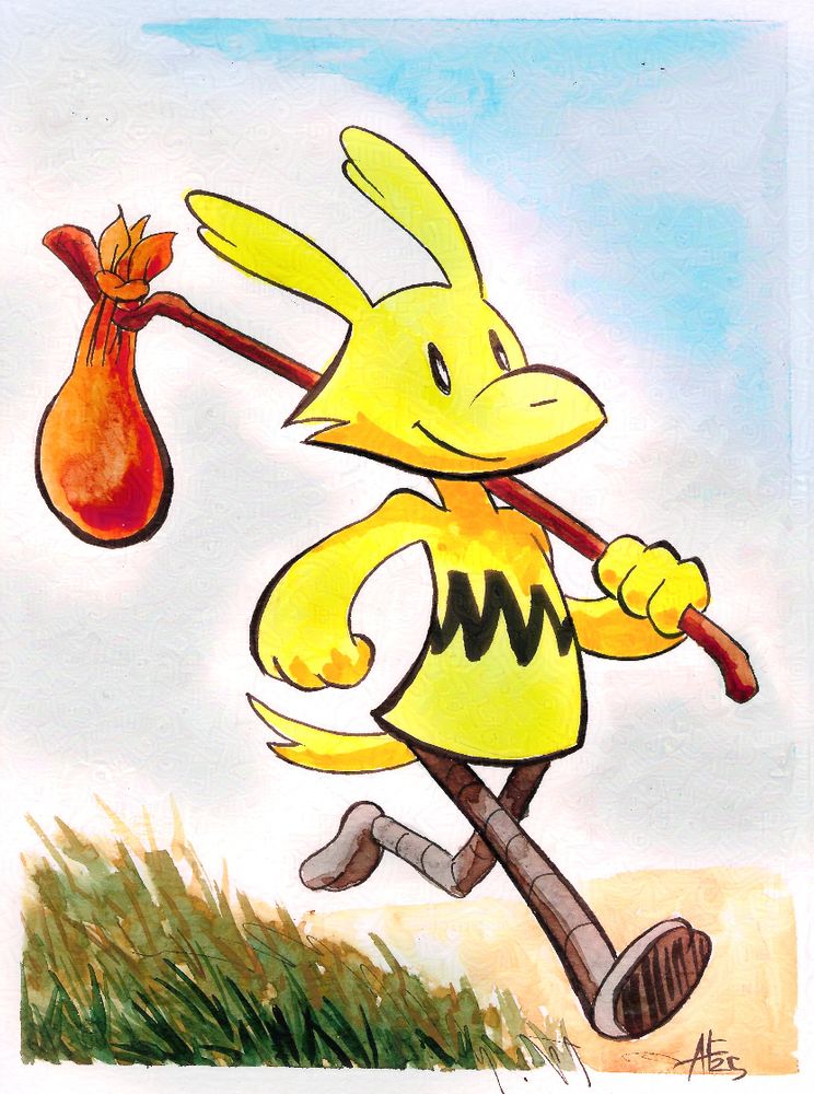 #seetheart
Bert, a yellow cartoony bunny bird hybrid looking character walking with a bindle over his shoulder.