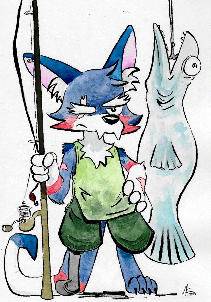 #seetheart
Boss, a blue anthro dog posing with a big fish he caught. He looks grumpy
