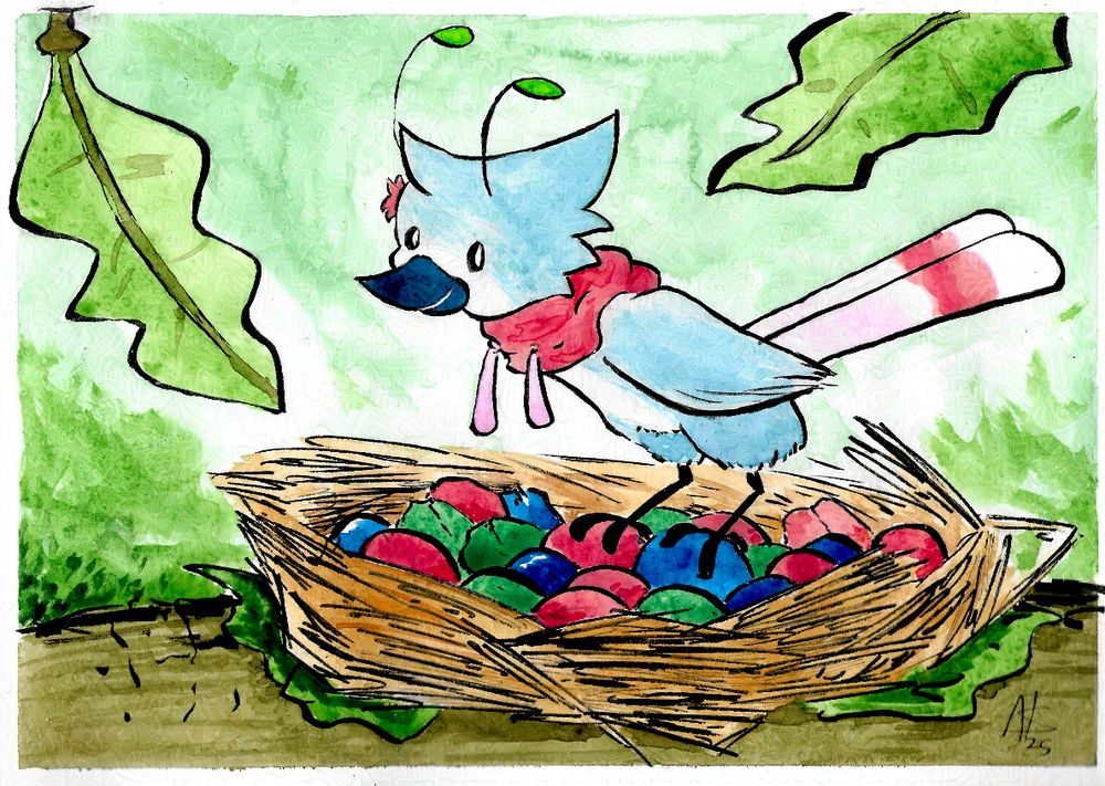 #seetheart
Holly, the blue bird standing over her nest of colorful pebbles and looking happy