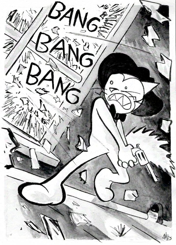 #seetheart
Catoon, a 1930s style cartoon cat taking cover from a rain of bullets.