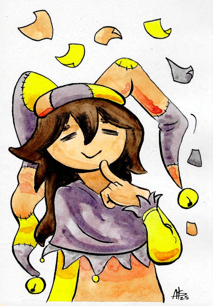 #seetheart
Evenie, a jester, is thinking while some confetti floats over their head.