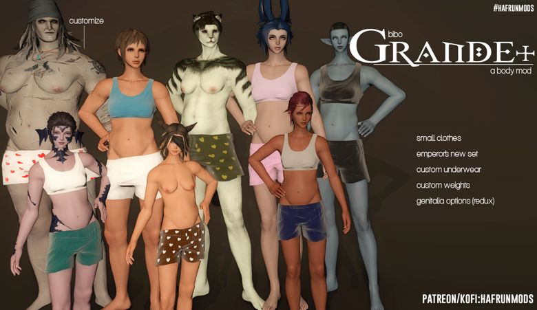 Various races in ffxiv with the bibo grande+ body mod