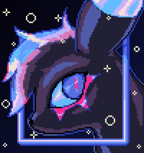 Side view pixel art bust head shot of an Umbreon with opalescent blue eyes, fringe, and ear stripes, with hot pink lower lashes. The head is sticking through a blue frame with an animated shine. Various tiny sparkles and bubbles flicker and move up and down.