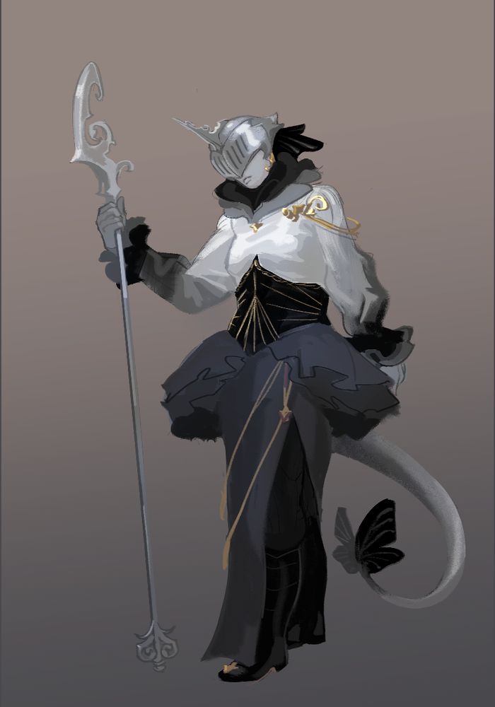 A person with grey skin and a tail. They have a silver half-helm, a very frilly white blouse, and grey frills above a long grey skirt. Their outfit has many gold details. In one hand, they hold a silver lance. 