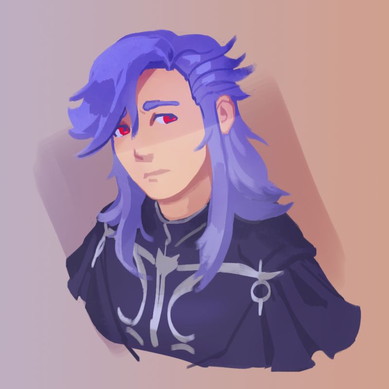 a bust of a person with medium-length purple hair, red eyes, and draped black clothes with silver filigree. they are looking at the viewer uncertainly.