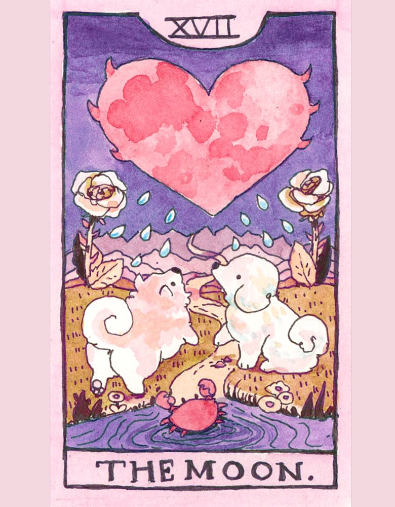 a small watercolor of the tarot card "the moon". A mysteriously crablike heart shaped pink moon shedding tears in a purple sky illuminates two fluffy dogs beside a pool with an emerging crab. in front of them lays a path between two gigantic thorny white roses.