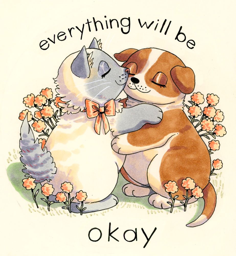 a soft-looking drawing of a siamese kitten & brown and white puppy sharing a gentle hug. Hand-written text above and below reads 