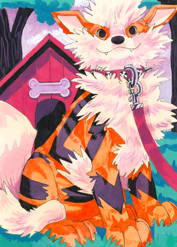 a traditional media painting of an arcanine in a leash and collar sitting outfront of a doghouse looking happy