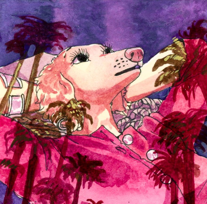 watercolor of a pensive dog woman based on a scene from david lynch's masterpiece "mulholland drive"