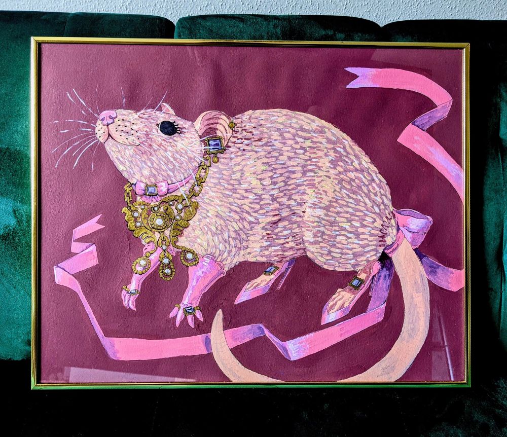 A large painting of a gorgeous rat in fancy jewelry and high heels