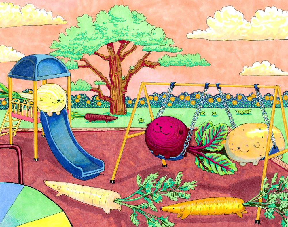 a scene of vegetable puppies in a park. Carrot puppies are playing tag. A beet and potato puppy are on the swings. An onion puppy prepares to go down the slide. Pea puppies are climbing a tree in the distance