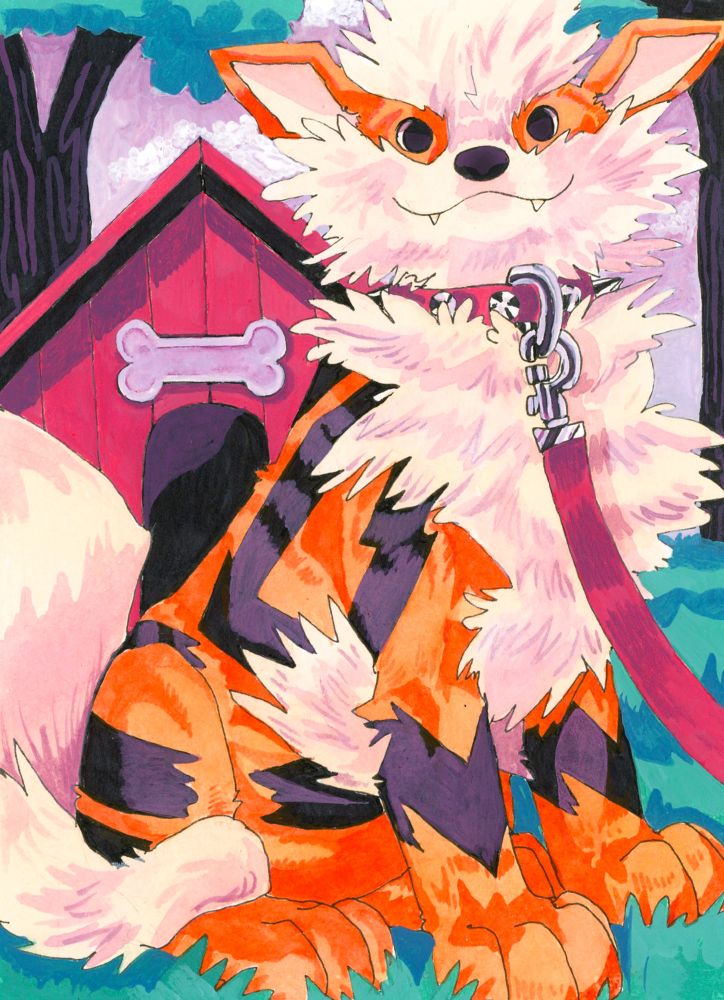 painting of arcanine in front of a doghouse looking happy