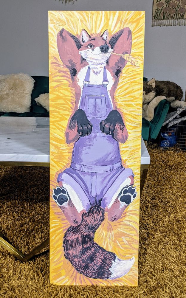 a large painting of a handsome fox taur in overalls lying in a haystack