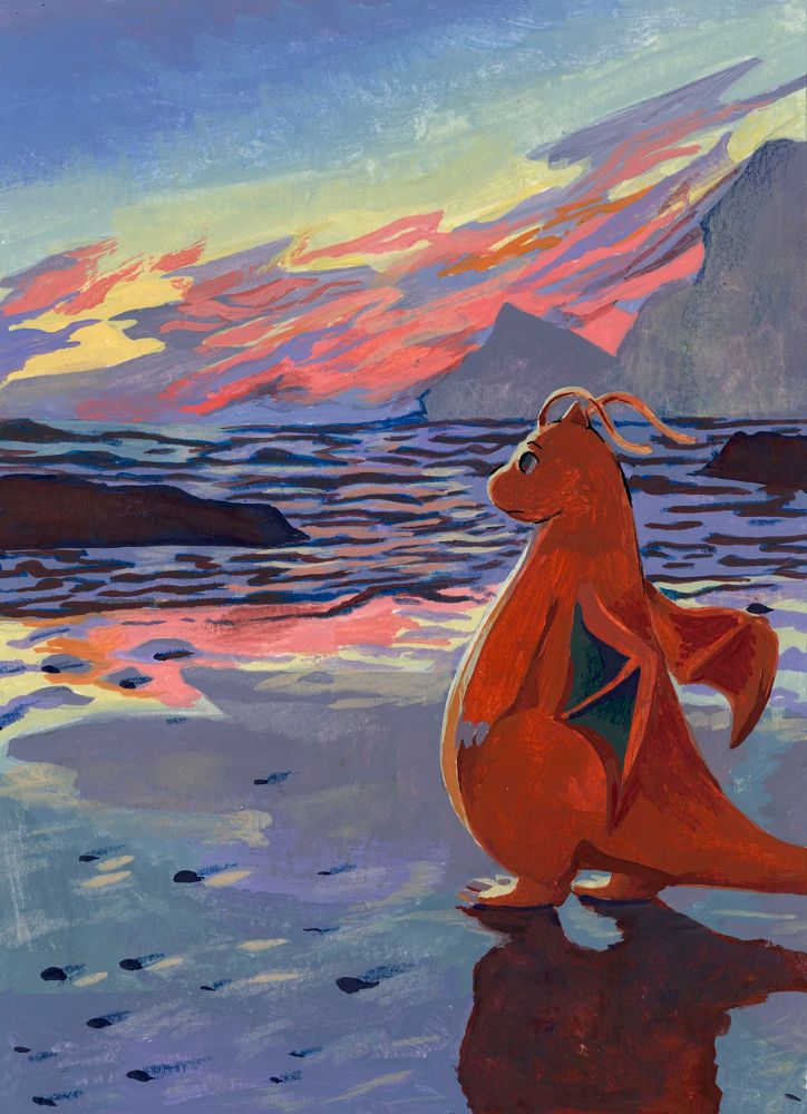 Painting of dragonite looking pensively over the sea at sunset