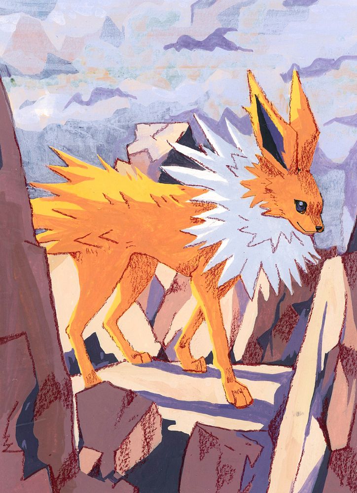 Painting of jolteon in the cliffs & clouds