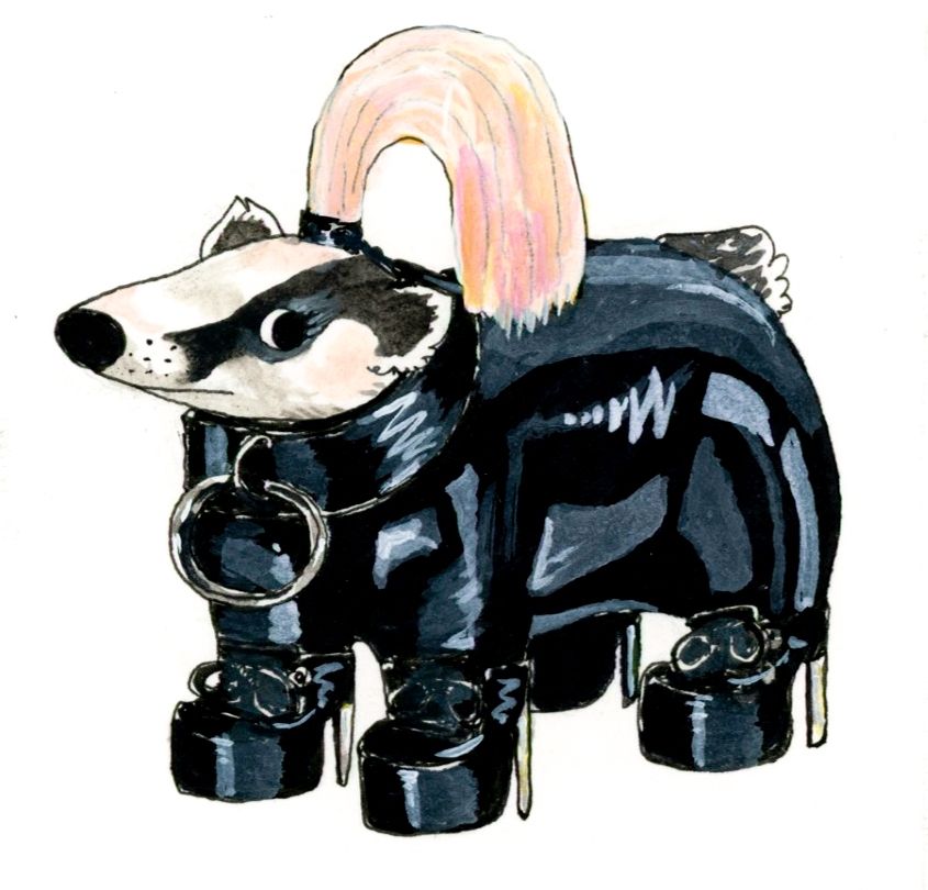 small watercolor of a badger in latex gear
