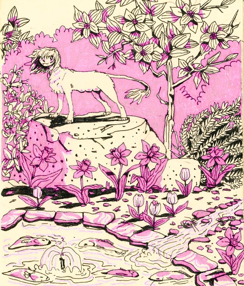  small cream/black/pink illustration of a sphinx on a large rock, surrounded by a garden of daffodils, tulips, dogwoods, & honeysuckles. There's a pond with dead fish in the foreground