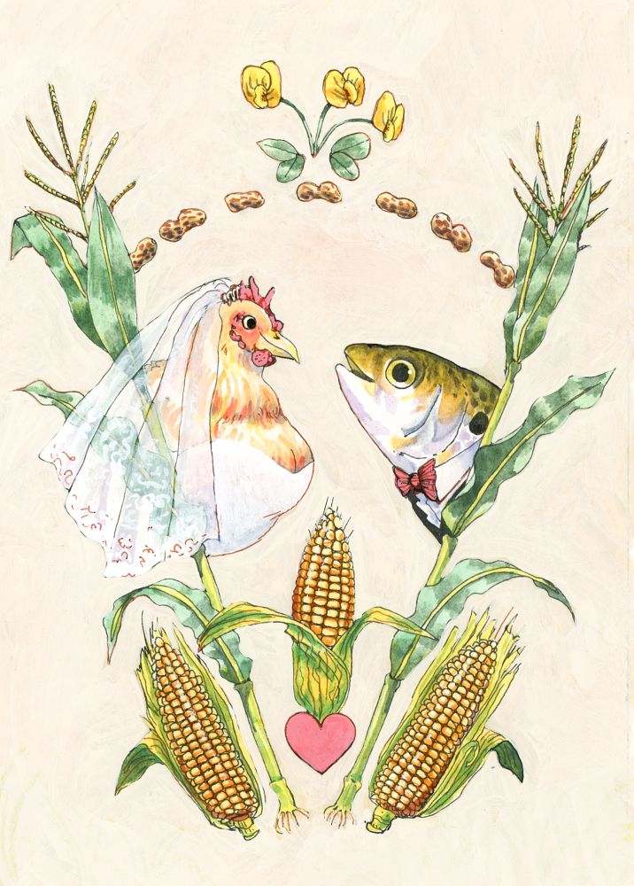 a bust of hen in a wedding dress looks lovingly at a menhaden (fish) in a tuxedo. The busts are placed in an arrangement of corn stalks, corn ears, and peanuts, and a heart