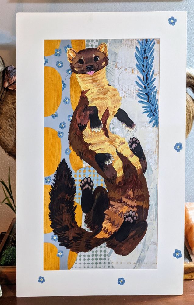 A large painting of a feral martintaur floating over mid-2000s hotel art