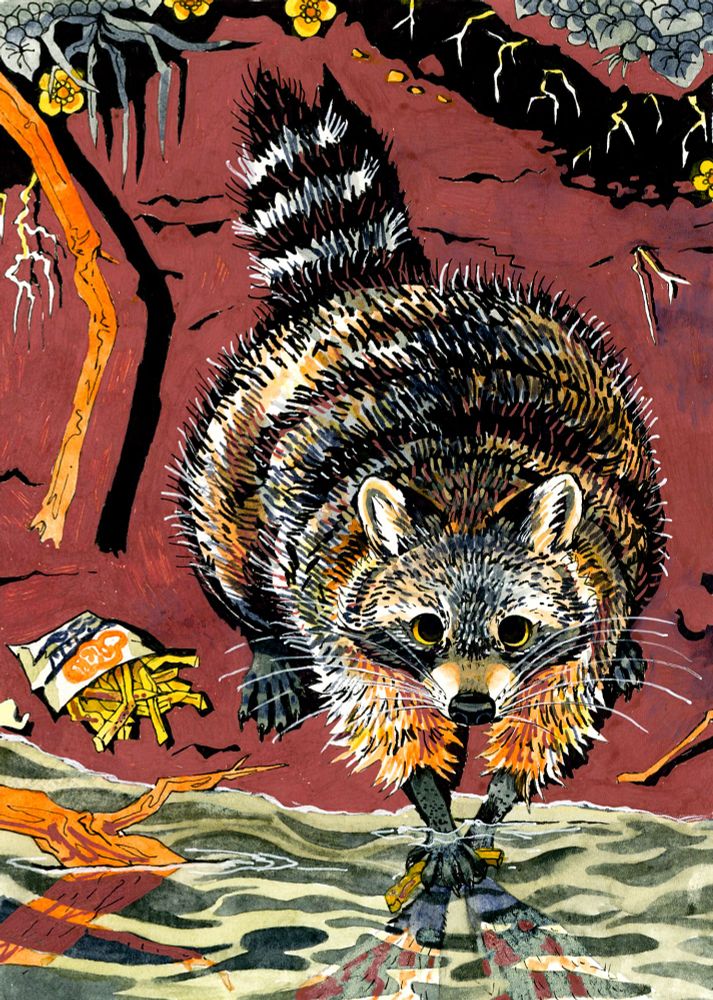 a stylized, jagged painting of a racoon washing a french fry in a stream. it has a bag of more fries next to it. 