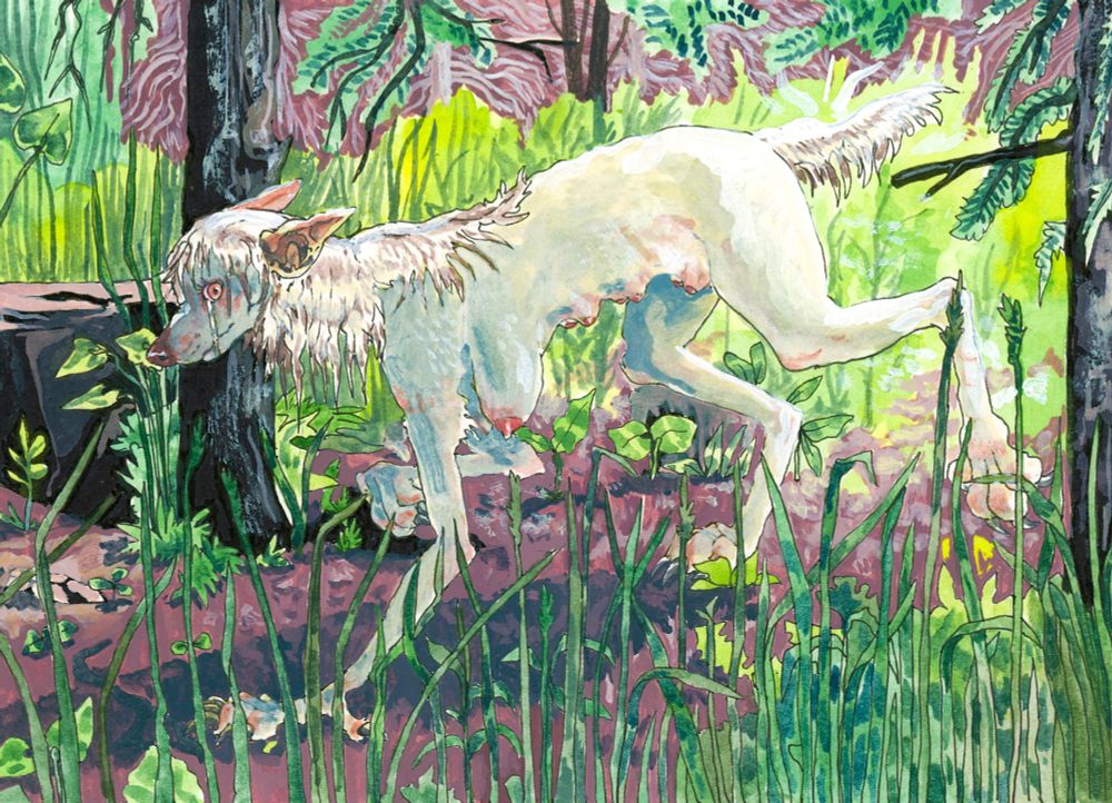 A traditional media painting of a lanky, feminine humanoid wolf rushing into the forest, with tears down her face