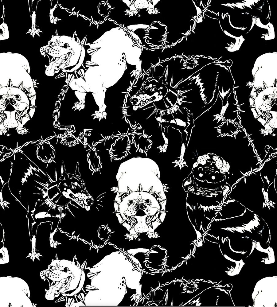Black and white repeating pattern of rottweilers, bulldogs, pitbulls, and dobermans, criss-crossed with barbed wire